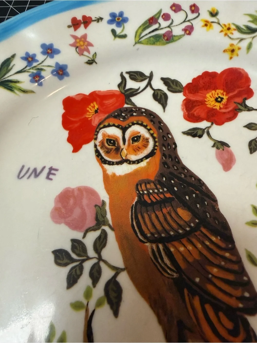 Cute Owl Ceramic Plate - Hand-Illustrated Floral Design- Nathalie Léte- anthro